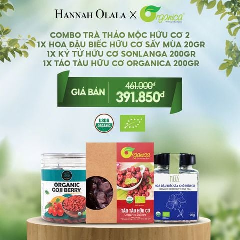  DEAL 19: COMBO TRÀ THẢO MỘC HỮU CƠ  1X HOA ĐẬU BIẾC HỮU CƠ SẤY MÙA 20GR  1X KỶ TỬ HỮU CƠ SONLANGA 200GR 1X TÁO TÀU HỮU CƠ ORGANICA 200GR 