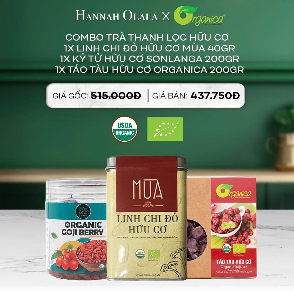  DEAL 19: COMBO TRÀ THANH LỌC HỮU CƠ: 1X LINH CHI ĐỎ HỮU CƠ MÙA 40GR, 1X KỶ TỬ HỮU CƠ SONLANGA 200GR, 1X TÁO TÀU HỮU CƠ ORGANICA 200GR 