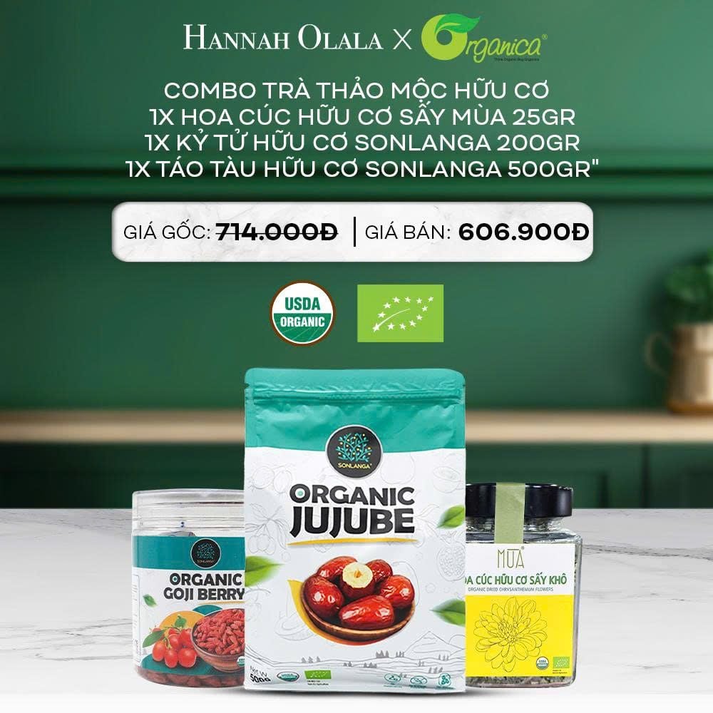  DEAL 20: COMBO TRÀ THẢO MỘC HỮU CƠ: 1X HOA CÚC HỮU CƠ SẤY MÙA 25GR, 1X KỶ TỬ HỮU CƠ SONLANGA 200GR, 1X TÁO TÀU HỮU CƠ SONLANGA 500GR 