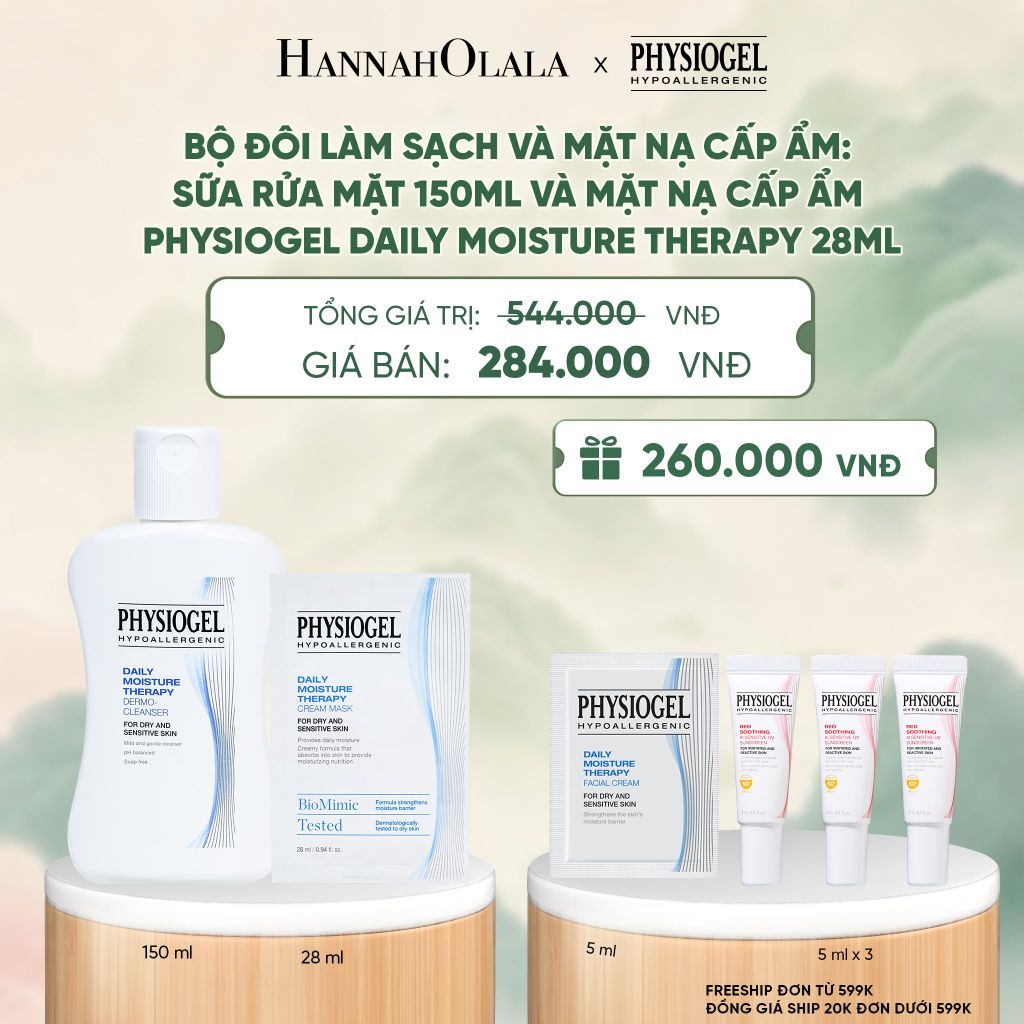  TRAVEL SIZE : BỘ ĐÔI LÀM SẠCH VÀ MẶT NẠ CẤP ẨM PHYSIOGEL: SỮA RỬA MẶT 150ML VÀ MẶT NẠ CẤP ẨM PHYSIOGEL DAILY MOISTURE THERAPY ( GÓI 1 MIẾNG) - A72 