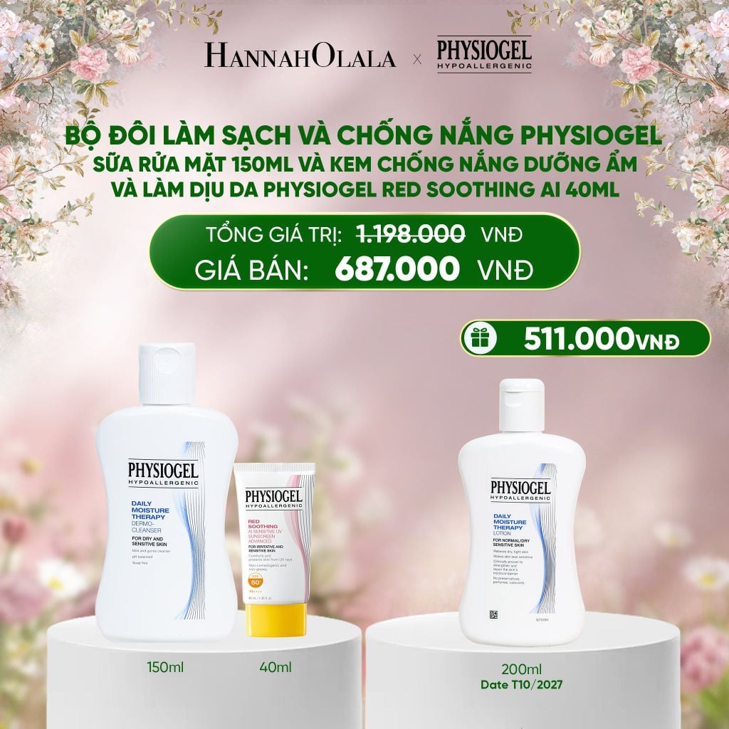  DEAL 11: BỘ ĐÔI LÀM SẠCH VÀ CHỐNG NẮNG PHYSIOGEL: SỮA RỬA MẶT 150ML VÀ KEM CHỐNG NẮNG DƯỠNG ẨM VÀ LÀM DỊU DA PHYSIOGEL RED SOOTHING AI 40ML 