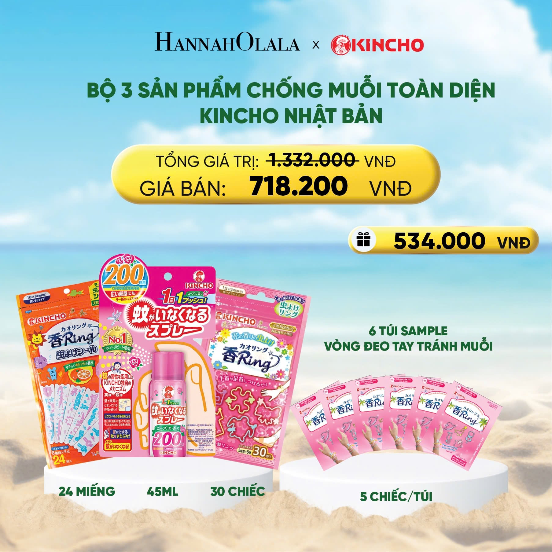Bộ 3 Sản Phẩm Chống Muỗi Kincho Nhật Bản Xịt Muỗi Kincho One-Push Hương Hoa Hồng & Miếng Dán Chống Muỗi Đuổi Côn Trùng Hương Cam Ngọt Kincho & Vòng Đeo Chống Muỗi Đuổi Côn Trùng Hương Hoa Thiên Nhiên