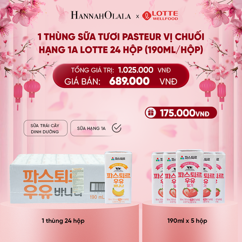  DEAL 1: 1 THÙNG SỮA TƯƠI PASTEUR VỊ CHUỐI HẠNG 1A LOTTE 24 HỘP (190ml/hộp) TẶNG 5 HỘP SỮA VỊ DÂU 