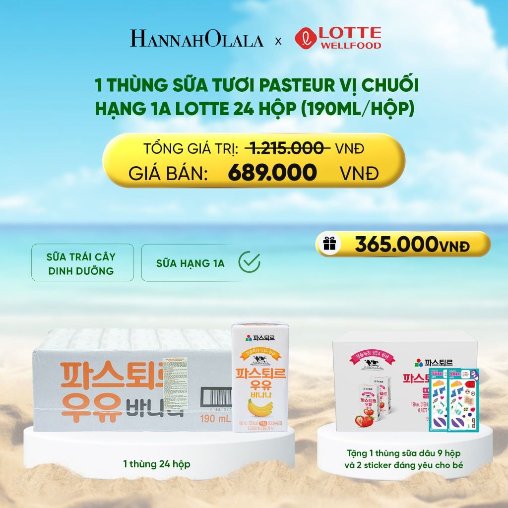  DEAL 1: 1 THÙNG SỮA TƯƠI PASTEUR VỊ CHUỐI HẠNG 1A LOTTE 24 HỘP (190ML/HỘP) TẶNG 1 THÙNG SỮA TƯƠI PASTEUR VỊ DÂU HẠNG 1A LOTTE 9 HỘP VÀ 2 STICKER ĐÁNG YÊU CHO BÉ 