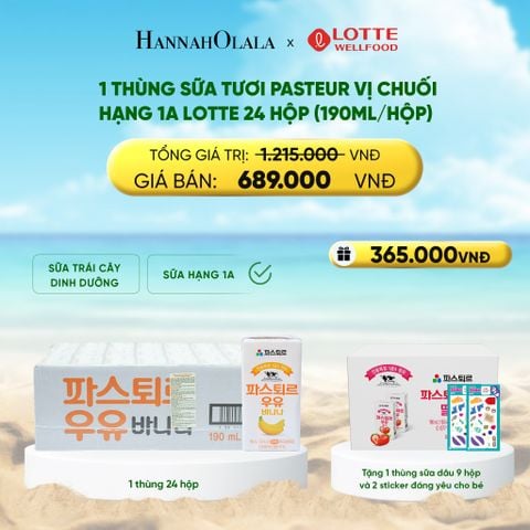  DEAL 1: 1 THÙNG SỮA TƯƠI PASTEUR VỊ CHUỐI HẠNG 1A LOTTE 24 HỘP (190ML/HỘP) TẶNG 1 THÙNG SỮA TƯƠI PASTEUR VỊ DÂU HẠNG 1A LOTTE 9 HỘP VÀ 2 STICKER ĐÁNG YÊU CHO BÉ 