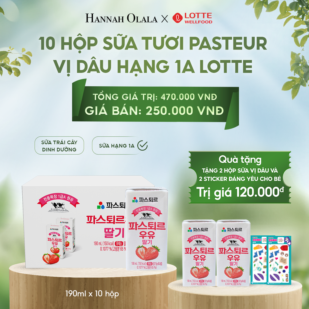  E45_DEAL 1: SỮA TƯƠI PASTEUR VỊ DÂU HẠNG 1A LOTTE 10 HỘP (190ml/hộp) TẶNG 2 HỘP SỮA VỊ DÂU VÀ 2 STICKER ĐÁNG YÊU CHO BÉ 
