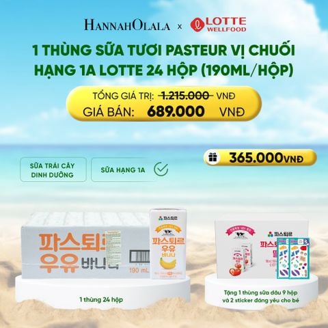  1 THÙNG SỮA TƯƠI PASTEUR VỊ CHUỐI HẠNG 1A LOTTE 24 HỘP (190ML/HỘP) TẶNG 1 THÙNG SỮA TƯƠI PASTEUR VỊ DÂU HẠNG 1A LOTTE 9 HỘP VÀ 2 STICKER ĐÁNG YÊU CHO BÉ 