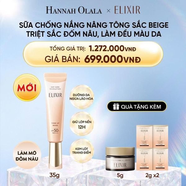 DEAL 28.1: [ SẮC BEIGE MỚI ] KEM CHỐNG NẮNG DẠNG SỮA  NÂNG TÔNG CHỐNG LÃO HÓA TRIỆT SẮC ĐỐM NÂU ELIXIR DAY CARE REVOLUTION TONE-UP PURE BEIGE 35G 