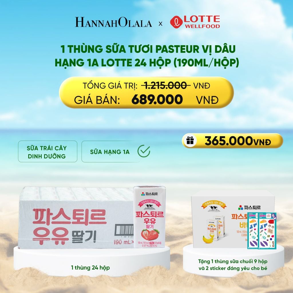  DEAL 2: 1 THÙNG SỮA TƯƠI PASTEUR VỊ DÂU HẠNG 1A LOTTE 24 HỘP (190ML/HỘP) TẶNG 1 THÙNG SỮA TƯƠI PASTEUR VỊ CHUỐI HẠNG 1A LOTTE 9 HỘP VÀ 2 STICKER ĐÁNG YÊU CHO BÉ 
