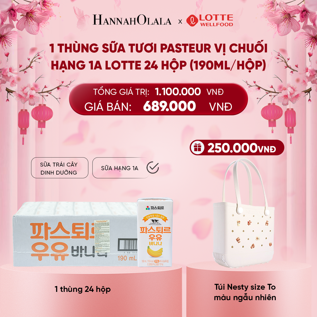  DEAL 1: 1 THÙNG SỮA TƯƠI PASTEUR VỊ CHUỐI HẠNG 1A LOTTE 24 HỘP (190ml/hộp) TẶNG 5 HỘP SỮA VỊ DÂU 