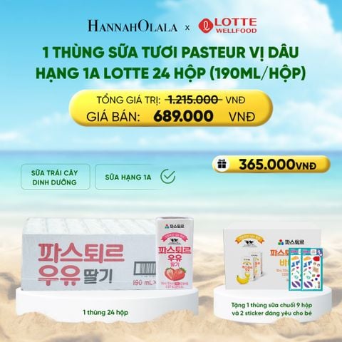  1 THÙNG SỮA TƯƠI PASTEUR VỊ DÂU HẠNG 1A LOTTE 24 HỘP (190ML/HỘP) TẶNG 1 THÙNG SỮA TƯƠI PASTEUR VỊ CHUỐI HẠNG 1A LOTTE 9 HỘP VÀ 2 STICKER ĐÁNG YÊU CHO BÉ 