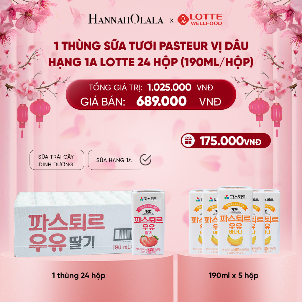  DEAL 2: 1 THÙNG SỮA TƯƠI PASTEUR VỊ DÂU HẠNG 1A LOTTE 24 HỘP (190ml/hộp) TẶNG 5 HỘP SỮA VỊ CHUỐI 