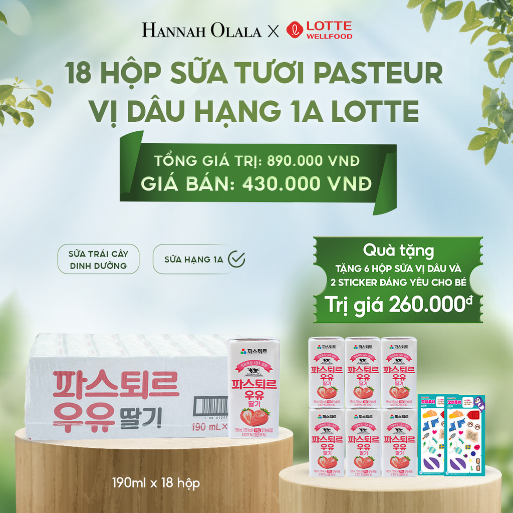  E47_DEAL 3: SỮA TƯƠI PASTEUR VỊ DÂU HẠNG 1A LOTTE 18 HỘP (190ml/hộp) TẶNG 6 HỘP SỮA VỊ DÂU VÀ 2 STICKER ĐÁNG YÊU CHO BÉ 