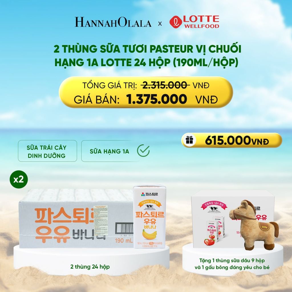  DEAL 3: 2 THÙNG SỮA TƯƠI PASTEUR VỊ CHUỐI HẠNG 1A LOTTE 24 HỘP (190ML/HỘP) TẶNG 1 THÙNG SỮA TƯƠI PASTEUR VỊ DÂU HẠNG 1A LOTTE 9 HỘP VÀ GẤU BÔNG ĐÁNG YÊU CHO BÉ 