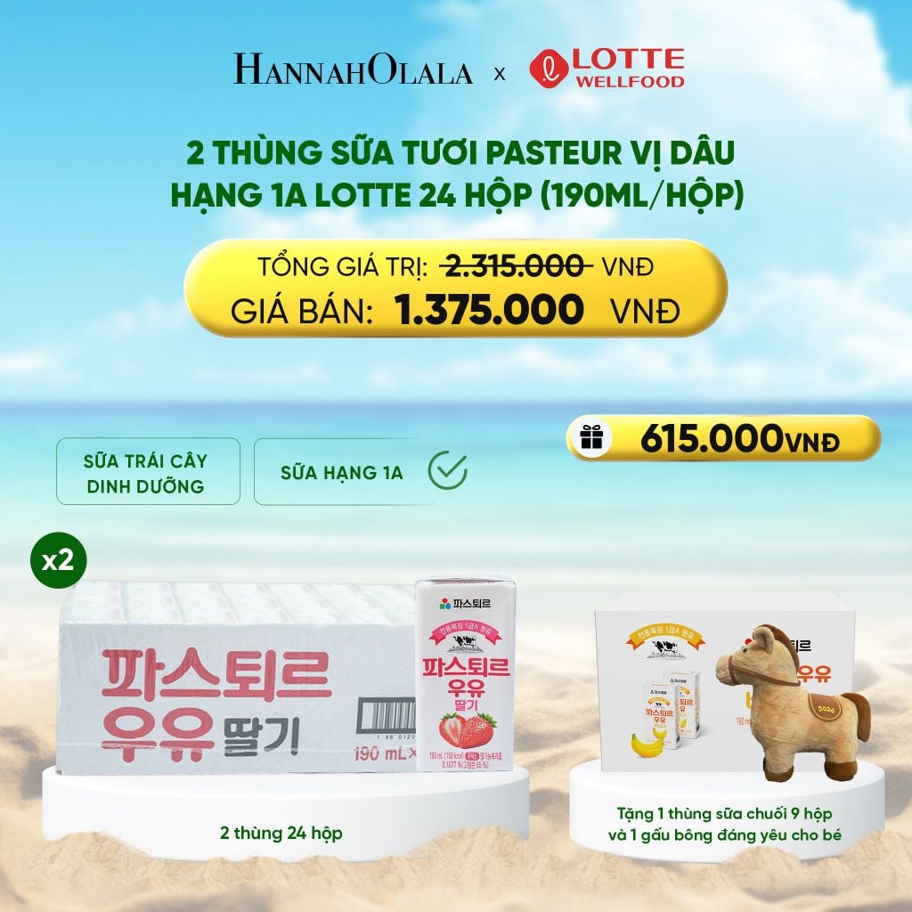  DEAL 4: 2 THÙNG SỮA TƯƠI PASTEUR VỊ DÂU HẠNG 1A LOTTE 24 HỘP (190ML/HỘP) TẶNG 1 THÙNG SỮA TƯƠI PASTEUR VỊ CHUỐI HẠNG 1A LOTTE 9 HỘP VÀ GẤU BÔNG ĐÁNG YÊU CHO BÉ 