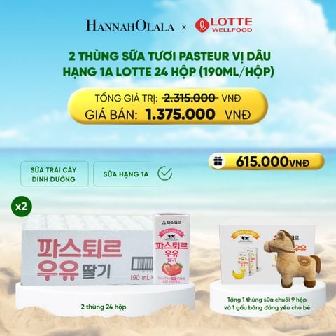  DEAL 4: 2 THÙNG SỮA TƯƠI PASTEUR VỊ DÂU HẠNG 1A LOTTE 24 HỘP (190ML/HỘP) TẶNG 1 THÙNG SỮA TƯƠI PASTEUR VỊ CHUỐI HẠNG 1A LOTTE 9 HỘP VÀ GẤU BÔNG ĐÁNG YÊU CHO BÉ 