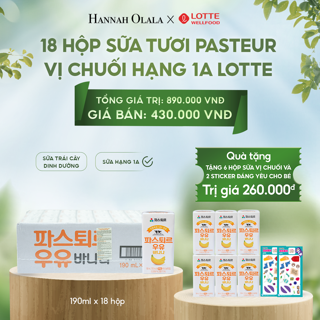 E48_DEAL 4: SỮA TƯƠI PASTEUR VỊ CHUỐI HẠNG 1A LOTTE 18 HỘP (190ml/hộp) TẶNG 6 HỘP SỮA VỊ CHUỐI VÀ 2 STICKER ĐÁNG YÊU CHO BÉ 