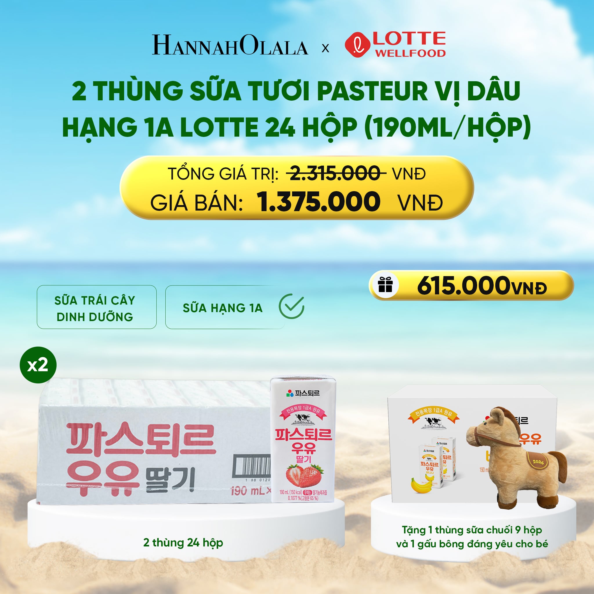 Sữa Tươi Pasteur Vị Dâu Hạng 1A Lotte 24 Hộp 190ml