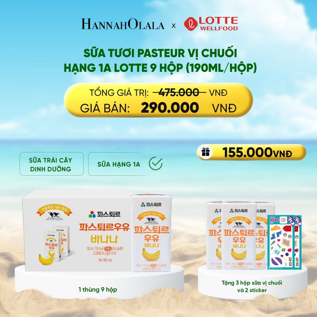  DEAL 5: SỮA TƯƠI PASTEUR VỊ CHUỐI HẠNG 1A LOTTE 9 HỘP (190ML/HỘP) TẶNG 3 HỘP SỮA VỊ CHUỐI VÀ 2 STICKER ĐÁNG YÊU CHO BÉ 