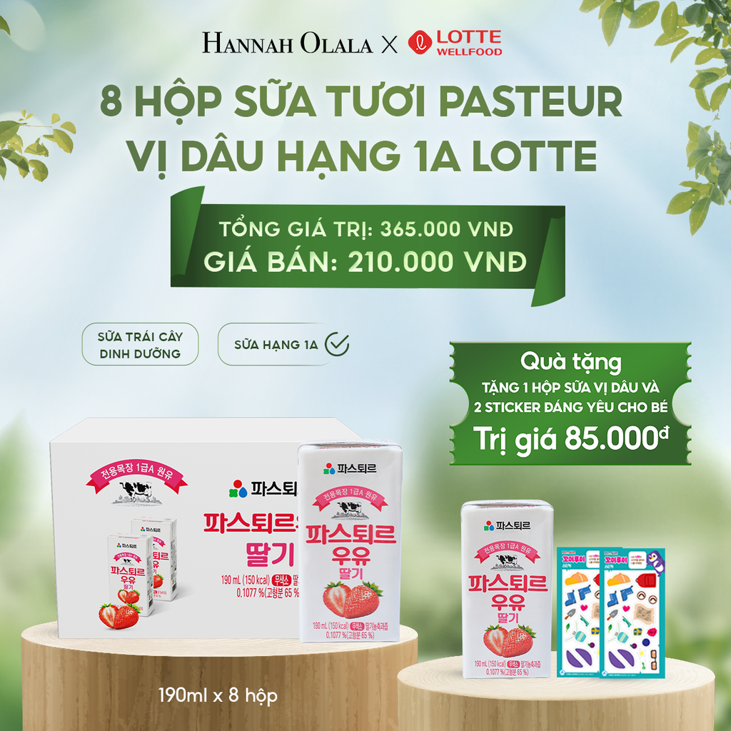  E49_DEAL 5: SỮA TƯƠI PASTEUR VỊ DÂU HẠNG 1A LOTTE 8 HỘP (190ml/hộp) TẶNG 1 HỘP SỮA VỊ DÂU VÀ 2 STICKER ĐÁNG YÊU CHO BÉ 