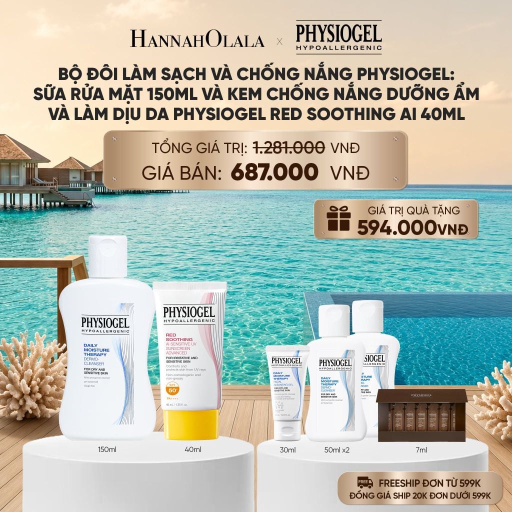 BỘ ĐÔI LÀM SẠCH VÀ CHỐNG NẮNG PHYSIOGEL: SỮA RỬA MẶT 150ML VÀ KEM CHỐNG NẮNG DƯỠNG ẨM VÀ LÀM DỊU DA PHYSIOGEL RED SOOTHING AI 40ML_ D368 