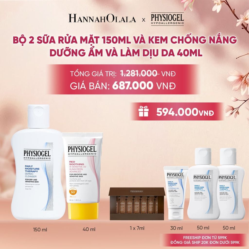  BỘ ĐÔI LÀM SẠCH VÀ CHỐNG NẮNG PHYSIOGEL: SỮA RỬA MẶT 150ML VÀ KEM CHỐNG NẮNG DƯỠNG ẨM VÀ LÀM DỊU DA PHYSIOGEL RED SOOTHING AI 40ml 