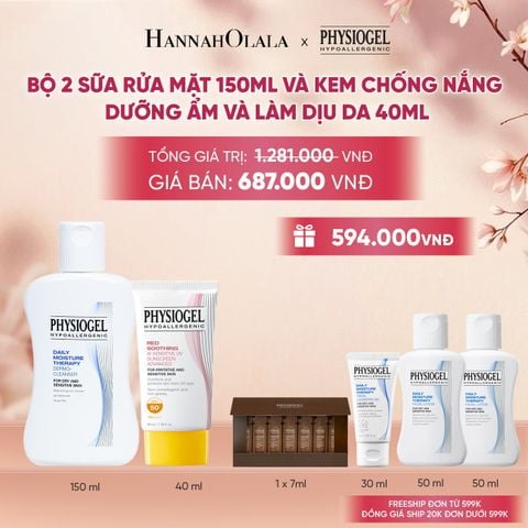  BỘ ĐÔI LÀM SẠCH VÀ CHỐNG NẮNG PHYSIOGEL: SỮA RỬA MẶT 150ML VÀ KEM CHỐNG NẮNG DƯỠNG ẨM VÀ LÀM DỊU DA PHYSIOGEL RED SOOTHING AI 40ml 