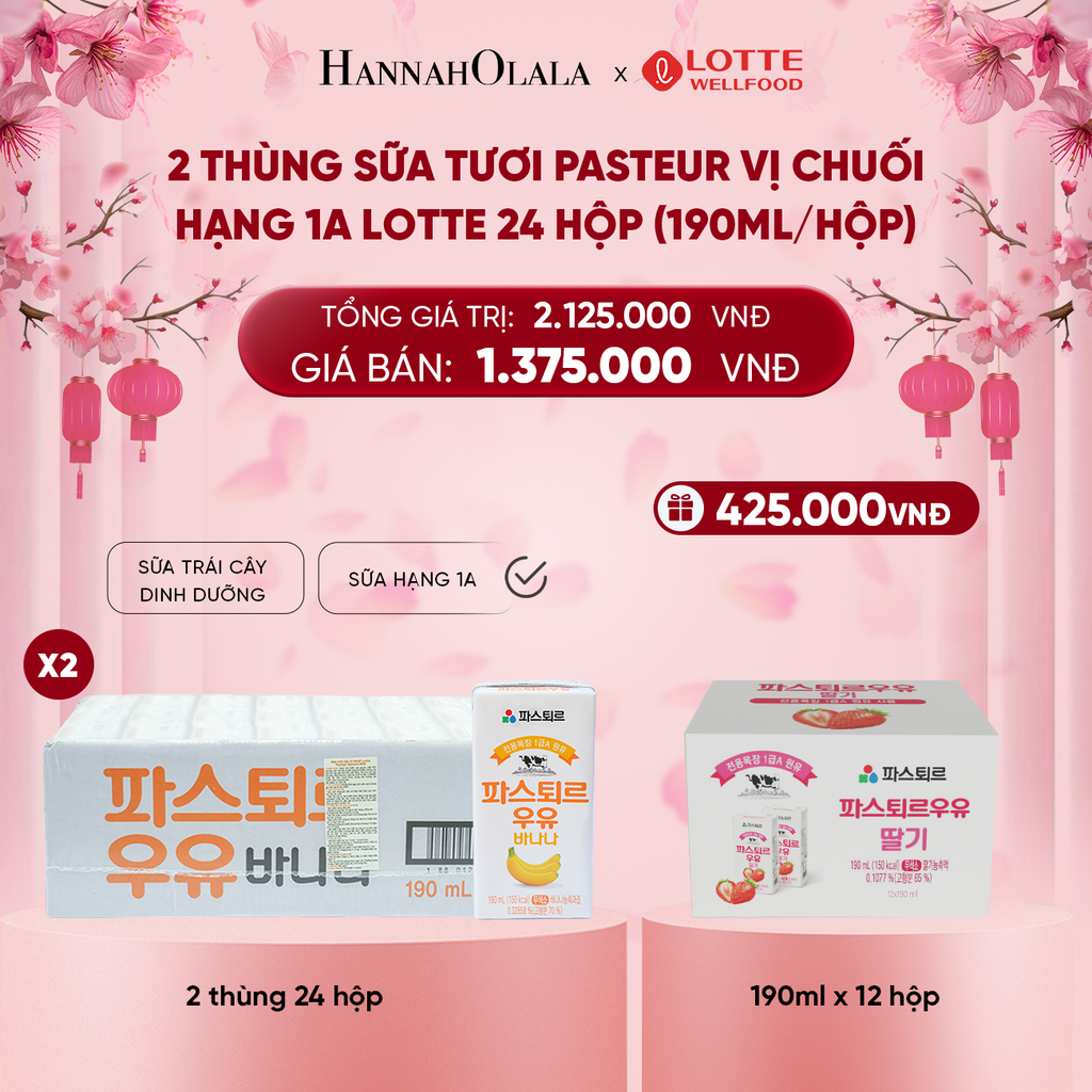  DEAL 3: 2 THÙNG SỮA TƯƠI PASTEUR VỊ CHUỐI HẠNG 1A LOTTE 24 HỘP (190ml/hộp) TẶNG 12 HỘP SỮA VỊ DÂU 