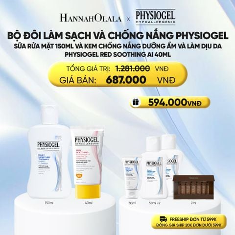  BỘ ĐÔI LÀM SẠCH VÀ CHỐNG NẮNG PHYSIOGEL: SỮA RỬA MẶT 150ML VÀ KEM CHỐNG NẮNG DƯỠNG ẨM VÀ LÀM DỊU DA PHYSIOGEL RED SOOTHING AI 40ML - E199 