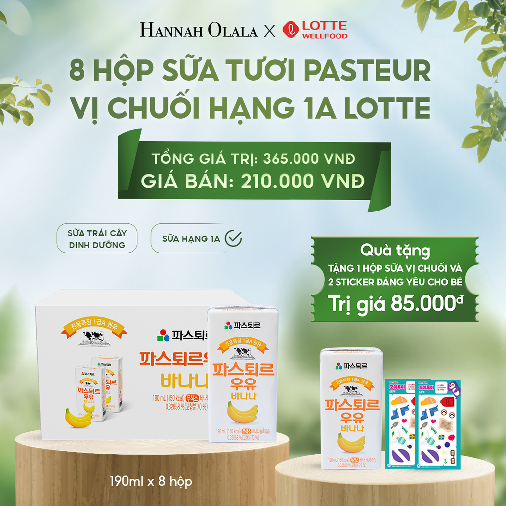  E50_DEAL 6: SỮA TƯƠI PASTEUR VỊ CHUỐI HẠNG 1A LOTTE 8 HỘP (190ml/hộp) TẶNG 1 HỘP SỮA VỊ CHUỐI VÀ 2 STICKER ĐÁNG YÊU CHO BÉ 