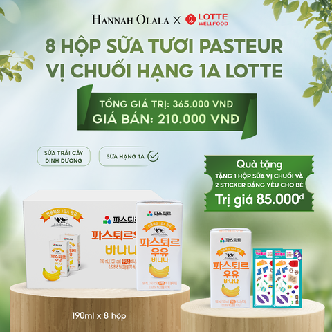  E50_DEAL 6: SỮA TƯƠI PASTEUR VỊ CHUỐI HẠNG 1A LOTTE 8 HỘP (190ml/hộp) TẶNG 1 HỘP SỮA VỊ CHUỐI VÀ 2 STICKER ĐÁNG YÊU CHO BÉ 