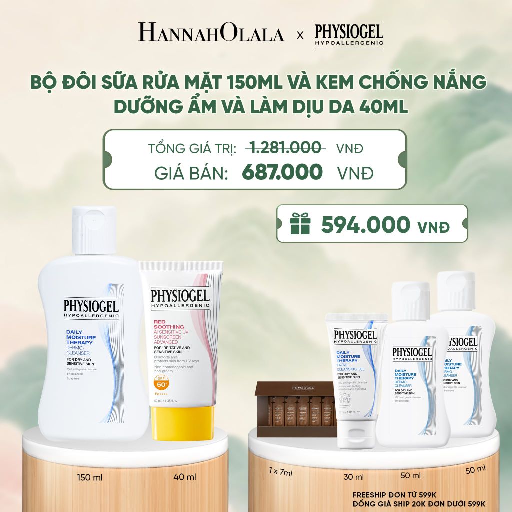  BỘ ĐÔI LÀM SẠCH VÀ CHỐNG NẮNG PHYSIOGEL: SỮA RỬA MẶT 150ML VÀ KEM CHỐNG NẮNG DƯỠNG ẨM VÀ LÀM DỊU DA PHYSIOGEL RED SOOTHING AI 40ML - A78 