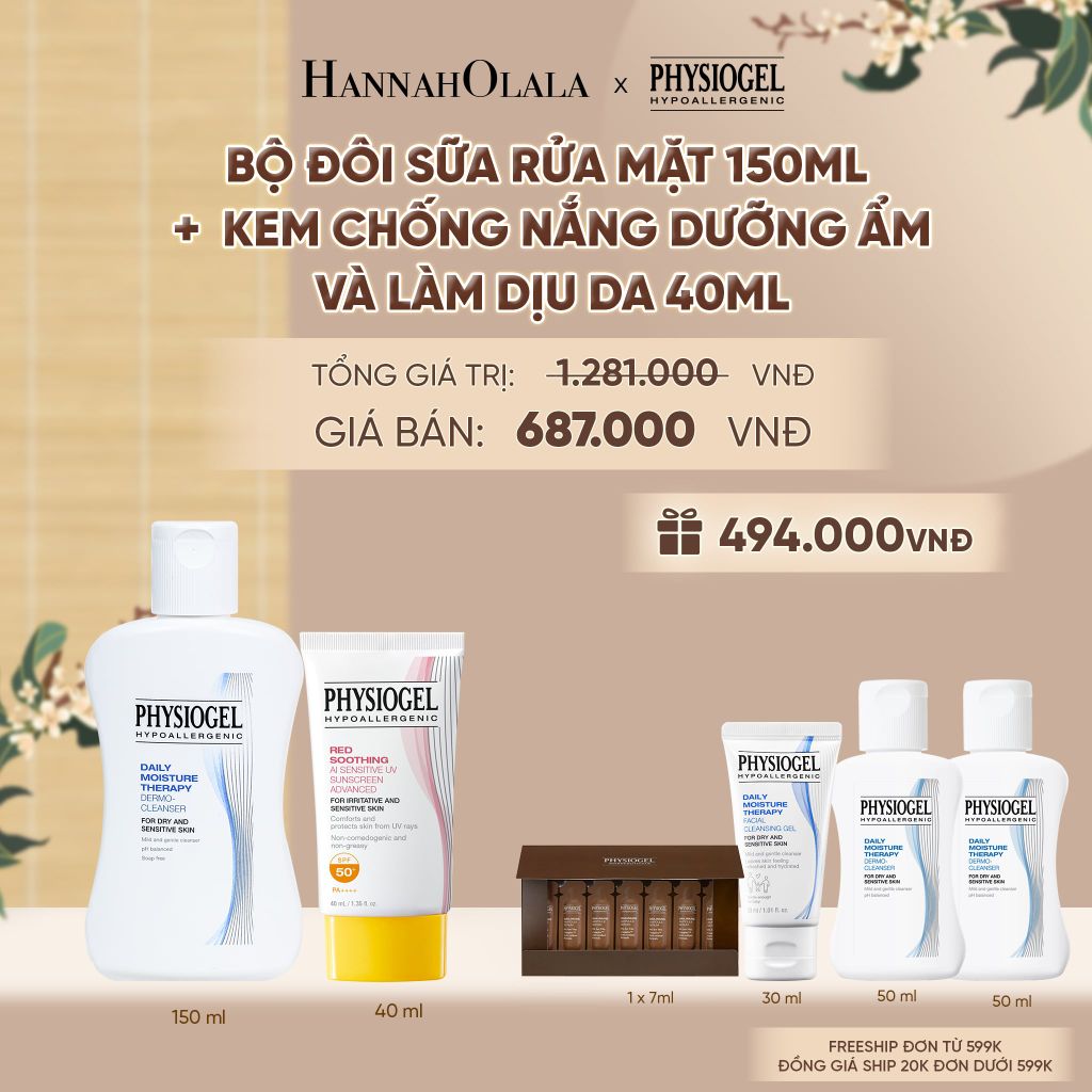  BỘ ĐÔI LÀM SẠCH VÀ CHỐNG NẮNG PHYSIOGEL: SỮA RỬA MẶT 150ML VÀ KEM CHỐNG NẮNG DƯỠNG ẨM VÀ LÀM DỊU DA PHYSIOGEL RED SOOTHING AI 40ml - A2237 