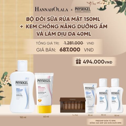  BỘ ĐÔI LÀM SẠCH VÀ CHỐNG NẮNG PHYSIOGEL: SỮA RỬA MẶT 150ML VÀ KEM CHỐNG NẮNG DƯỠNG ẨM VÀ LÀM DỊU DA PHYSIOGEL RED SOOTHING AI 40ml - A2237 