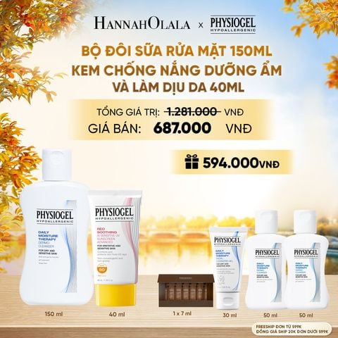  BỘ ĐÔI LÀM SẠCH VÀ CHỐNG NẮNG PHYSIOGEL: SỮA RỬA MẶT 150ML VÀ KEM CHỐNG NẮNG DƯỠNG ẨM VÀ LÀM DỊU DA PHYSIOGEL RED SOOTHING AI 40ML - E1247 
