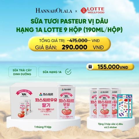  SỮA TƯƠI PASTEUR VỊ DÂU HẠNG 1A LOTTE 9 HỘP (190ML/HỘP) TẶNG 3 HỘP SỮA VỊ DÂU VÀ 2 STICKER ĐÁNG YÊU CHO BÉ 