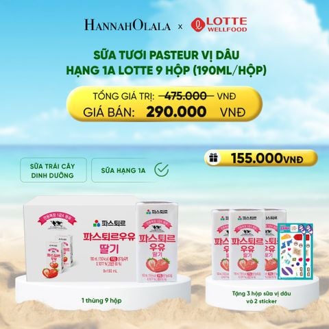  DEAL 6: SỮA TƯƠI PASTEUR VỊ DÂU HẠNG 1A LOTTE 9 HỘP (190ML/HỘP) TẶNG 3 HỘP SỮA VỊ DÂU VÀ 2 STICKER ĐÁNG YÊU CHO BÉ 