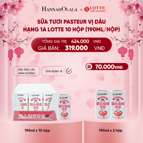  DEAL 6: SỮA TƯƠI PASTEUR VỊ DÂU HẠNG 1A LOTTE 10 HỘP (190ml/hộp) TẶNG 2 HỘP SỮA VỊ DÂU 