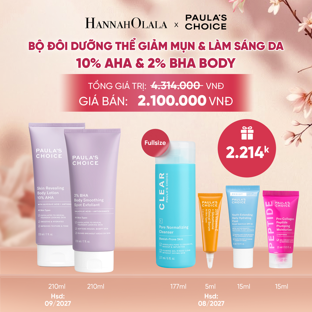  [COMBO] BỘ ĐÔI DƯỠNG THỂ PAULA'S CHOICE GIẢM MỤN VÀ SÁNG DA 2% BHA BODY SMOOTHING SPOT EXFOLIANT 210ML + 10% AHA BRIGHTENING BODY LOTION - DEAL 20 - A1989 