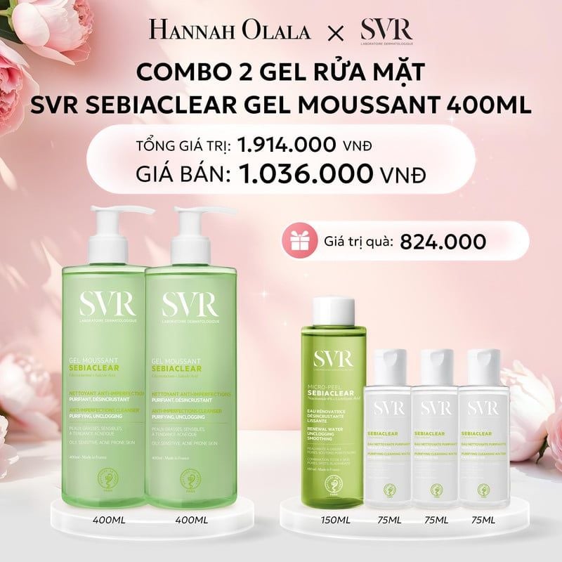  E330: DEAL 01: COMBO 2 GEL RỬA MẶT CHO DA DẦU MỤN, KHÔNG CHỨA XÀ PHÒNG SVR SEBIACLEAR GEL MOUSSANT 400ML 