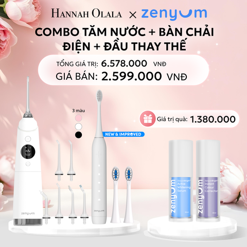  E874: DEAL 3: BỘ MÁY TĂM NƯỚC ZENYUM PRO + 6 ĐẦU THAY+ BÀN CHẢI ĐIỆN ZENYUM SONIC 2.0 + 2 ĐẦU THAY ÊM DỊU 