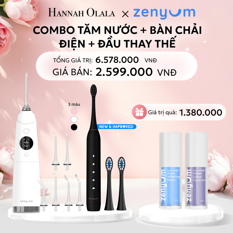  E874: DEAL 3: BỘ MÁY TĂM NƯỚC ZENYUM PRO + 6 ĐẦU THAY+ BÀN CHẢI ĐIỆN ZENYUM SONIC 2.0 + 2 ĐẦU THAY ÊM DỊU 