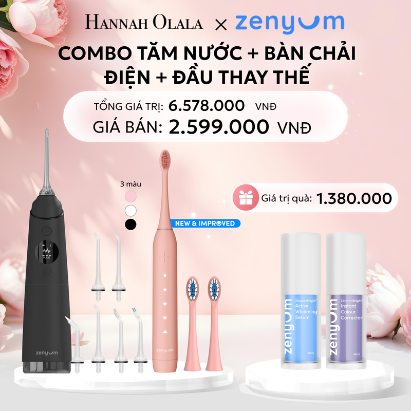  E874: DEAL 3: BỘ MÁY TĂM NƯỚC ZENYUM PRO + 6 ĐẦU THAY+ BÀN CHẢI ĐIỆN ZENYUM SONIC 2.0 + 2 ĐẦU THAY ÊM DỊU 