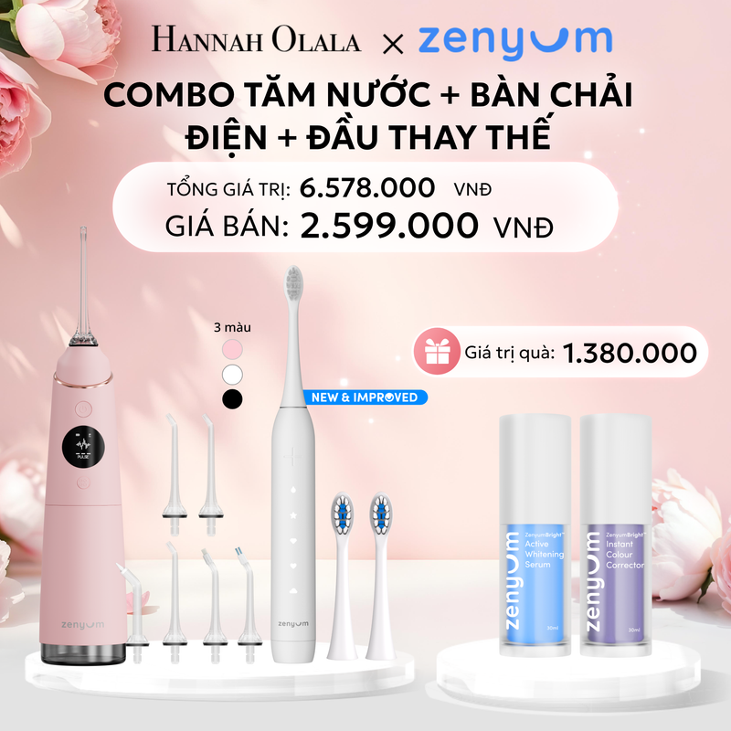 E874: DEAL 3: BỘ MÁY TĂM NƯỚC ZENYUM PRO + 6 ĐẦU THAY+ BÀN CHẢI ĐIỆN ZENYUM SONIC 2.0 + 2 ĐẦU THAY ÊM DỊU 