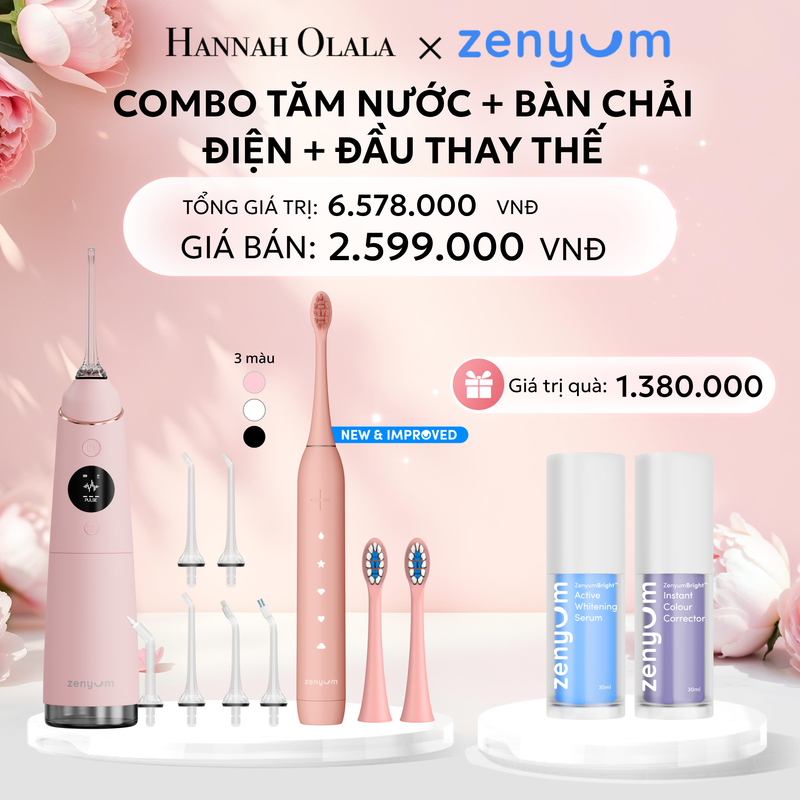  E874: DEAL 3: BỘ MÁY TĂM NƯỚC ZENYUM PRO + 6 ĐẦU THAY+ BÀN CHẢI ĐIỆN ZENYUM SONIC 2.0 + 2 ĐẦU THAY ÊM DỊU 
