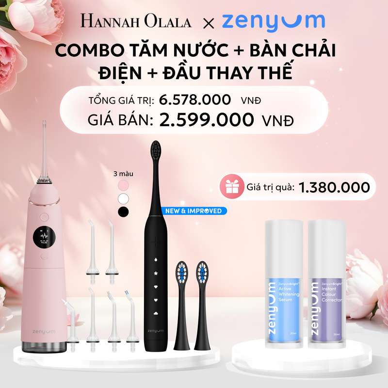  E874: DEAL 3: BỘ MÁY TĂM NƯỚC ZENYUM PRO + 6 ĐẦU THAY+ BÀN CHẢI ĐIỆN ZENYUM SONIC 2.0 + 2 ĐẦU THAY ÊM DỊU 