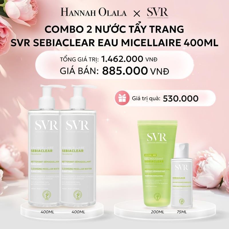  E338: DEAL 04: COMBO 2 NƯỚC TẨY TRANG SẠCH SÂU LOẠI BỎ DẦU NHỜN SVR SEBIACLEAR EAU MICELLAIRE 400ML 