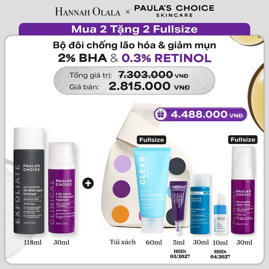  BỘ ĐÔI SKIN PERFECTING 2% BHA LIQUID VÀ TINH CHẤT CHỐNG LÃO HÓA GIÚP MỜ VẾT THÂM VÀ NẾP NHĂN CLINICAL 0.3% RETINOL + 2% BAKUCHIOL TREATMENT - DEAL 15 - E6 