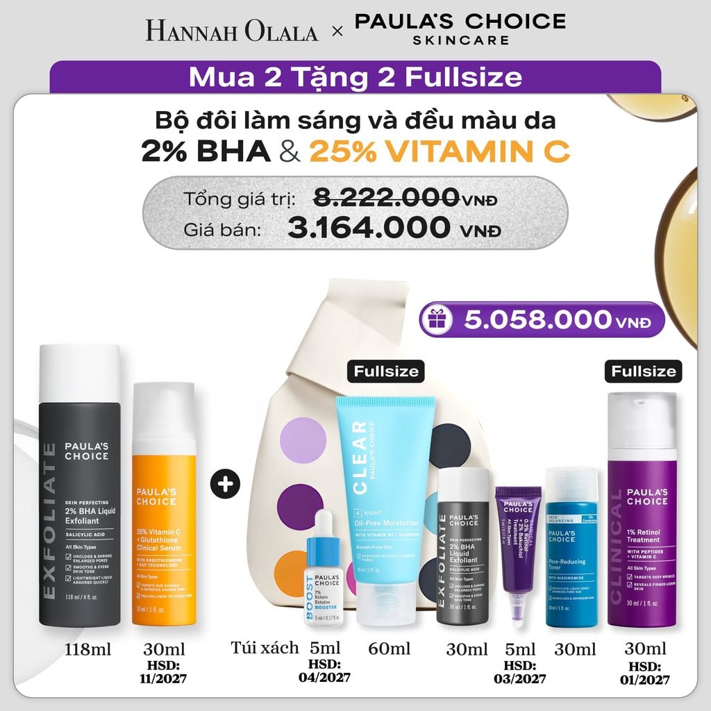  BỘ ĐÔI SKIN PERFECTING 2% BHA LIQUID VÀ TINH CHẤT LÀM SÁNG DA VÀ MỜ NÁM CHUYÊN SÂU VỚI 25% VITAMIN C + GLUTATHIONE CLINICAL SERUM 30ML - HSD 25% VITAMIN C: 11/2027 - DEAL 16 - E7 