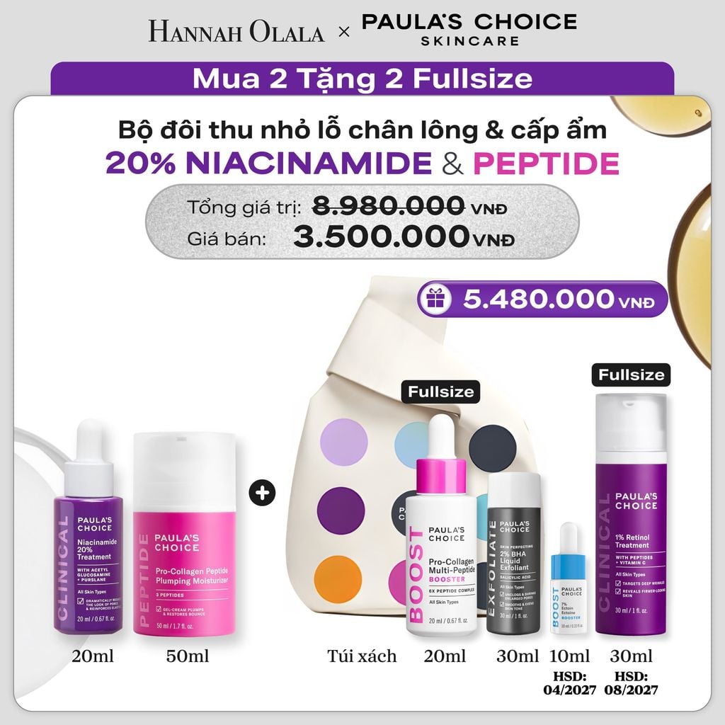 BỘ ĐÔI TINH CHẤT SE KHÍT LỖ CHÂN LÔNG VÀ LÀM MỜ THÂM MỤN NIACINAMIDE 20% 20ML VÀ GIẢM NẾP NHĂN PRO-COLLAGEN 50ML - DEAL 18 - E9 